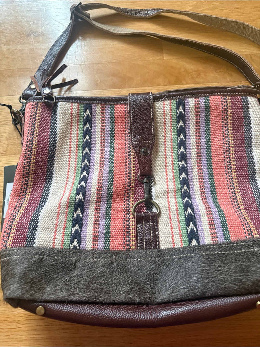 Myra Bag Multicolor Striped Canvas Shoulder Bag with Brown Leather Trim